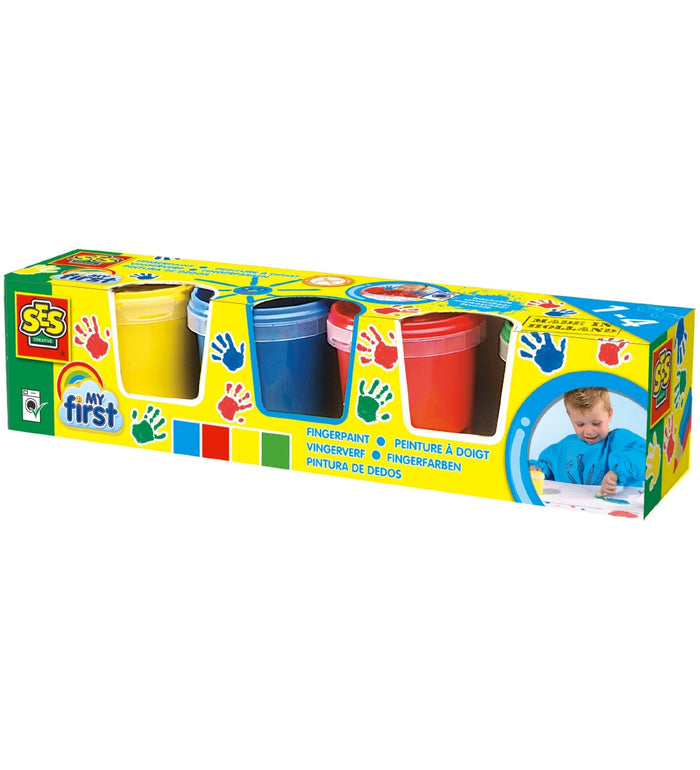 Four tubs of yellow, blue, red, and green finger paint in a bright box with handprints and a child painting.