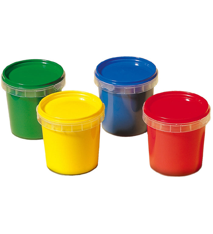 Four small pots of finger paint in green, yellow, blue, and red, each with a matching snap-on lid.