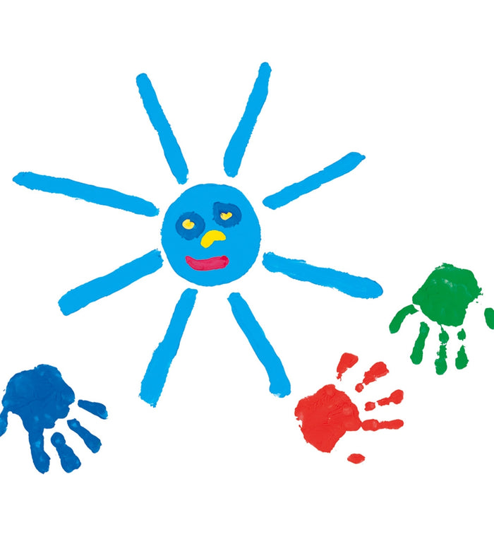 Blue finger-painted sun with a smiling face and handprints in red, blue, and green on a white background.