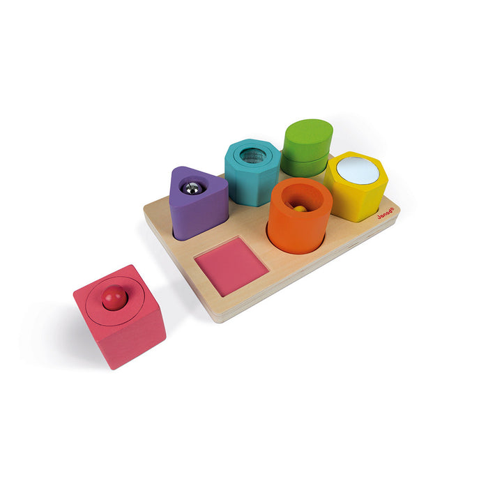 Six colorful wooden sensory blocks in unique shapes like a purple triangle and yellow hexagon on a wood base.