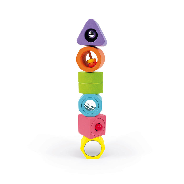 Six colorful wooden blocks stacked vertically, featuring sensory details like a bell, mirrors, and spinning beads.