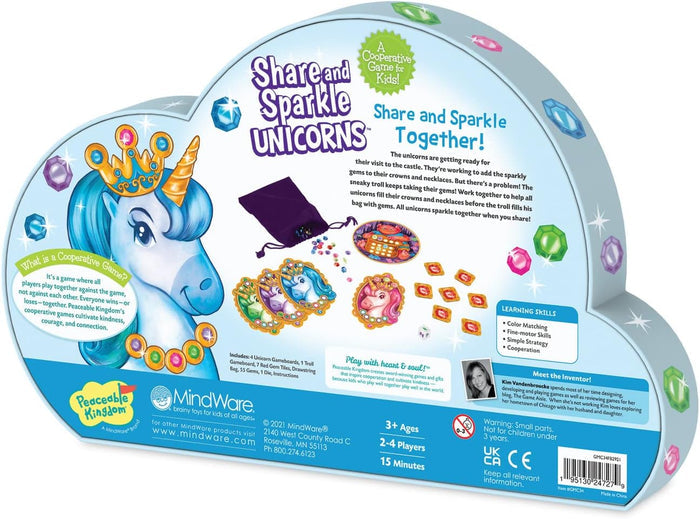 Blue unicorn-shaped box showing game pieces like colorful gems, player boards, a drawstring bag, and product details.
