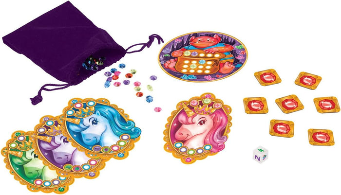 Unicorn board game: purple velvet bag, colorful gems, illustrated character boards, red jewel tiles, and a numbered die.