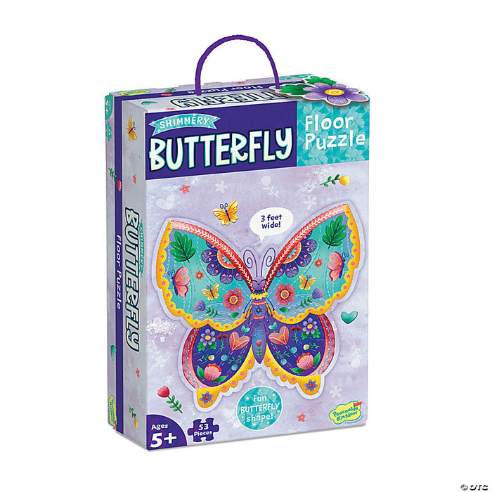 Purple box for a teal and purple floral butterfly-shaped floor puzzle featuring a carrying handle.