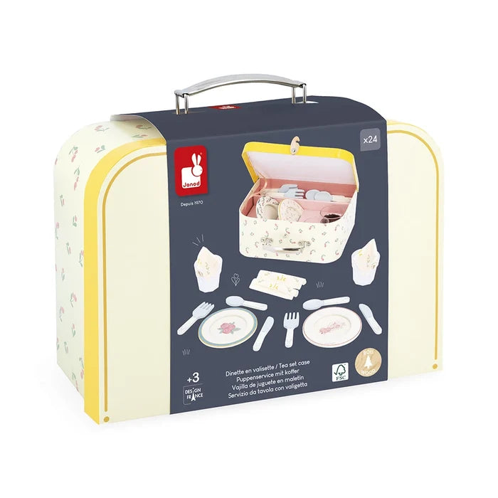 Floral cream toy suitcase with yellow trim and metal handle, featuring a blue sleeve showing 24 toy dish pieces.