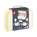 Floral cream toy suitcase with yellow trim and metal handle, featuring a blue sleeve showing 24 toy dish pieces.
