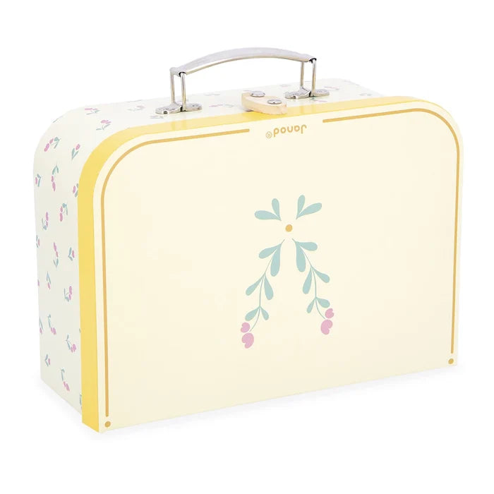 Cream and yellow toy suitcase with a floral design, silver handle, and wooden latch.