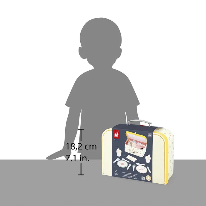 Small yellow floral toy suitcase with a metal handle, shown next to a child silhouette for scale and dimensions.