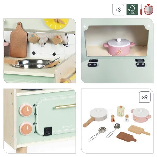 Collage of a mint green toy kitchen showing a sink, storage area, clicking knobs, and nine wooden play accessories.