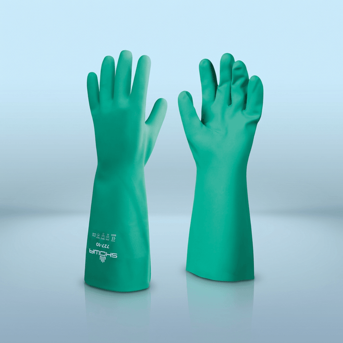 SHOWA 727 Unlined Green Nitrile Chemical Resistant Gloves — 15mil