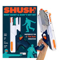 A white and navy blue SHUSH toy blaster with a vertical magazine held in a hand next to its teal and orange packaging.