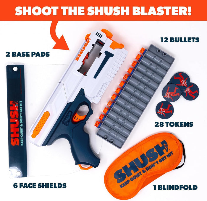 White and blue toy blaster shown with 12 bullets, 28 target tokens, an orange blindfold, and a face shield.