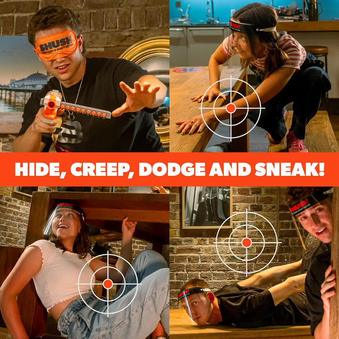 Four panels of people playing a stealth game wearing orange blindfolds and face shields with target overlays.