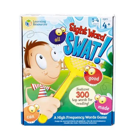 Game box art featuring a cartoon boy holding a yellow swatter and colorful bugs labeled with sight words.