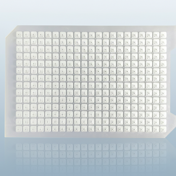 NEST 384-Well Silicone Sealing Mat — dense pre-slit square well grid, top-down view