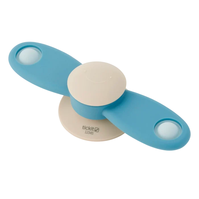Blue two-blade propeller spinner with a cream suction base and center cap featuring a subtle smiley face.