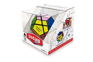 Multi-colored dodecahedron twisty puzzle in its white retail box with a clear plastic display window.