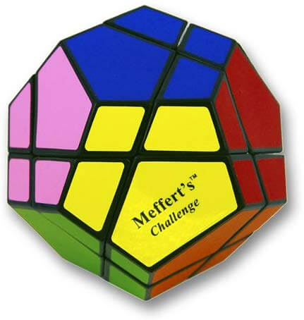 Multi-colored dodecahedron puzzle with yellow, blue, and pink faces featuring the Meffert's Challenge logo.