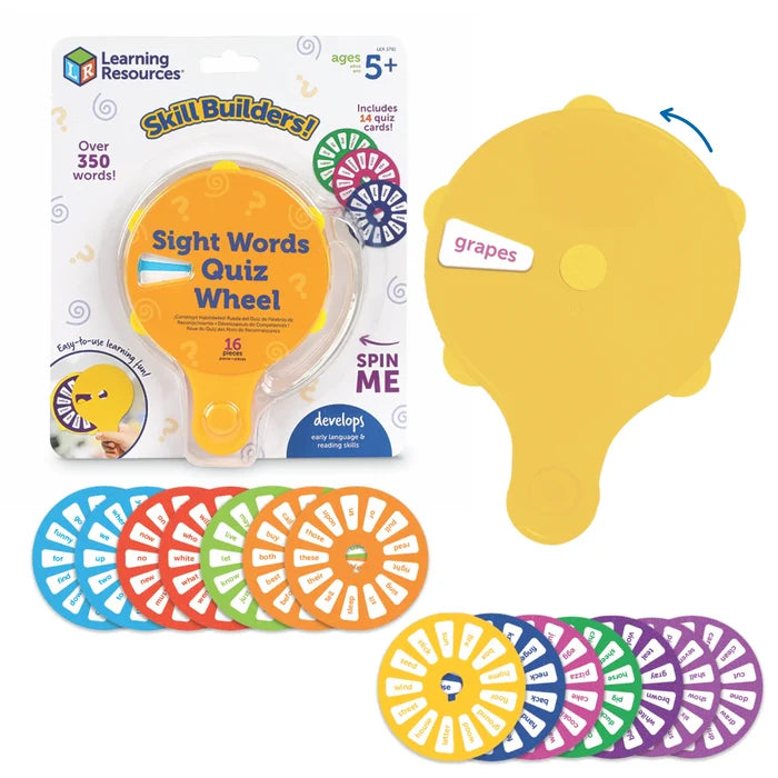 Yellow handheld quiz wheel with 14 colorful sight word discs in retail packaging, showing grapes in a small window.