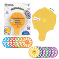 Yellow handheld quiz wheel with 14 colorful sight word discs in retail packaging, showing grapes in a small window.