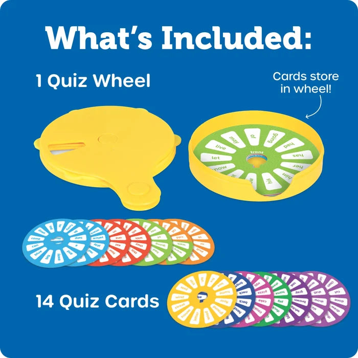 Yellow quiz wheel and 14 multicolored circular sight word cards on a blue background.