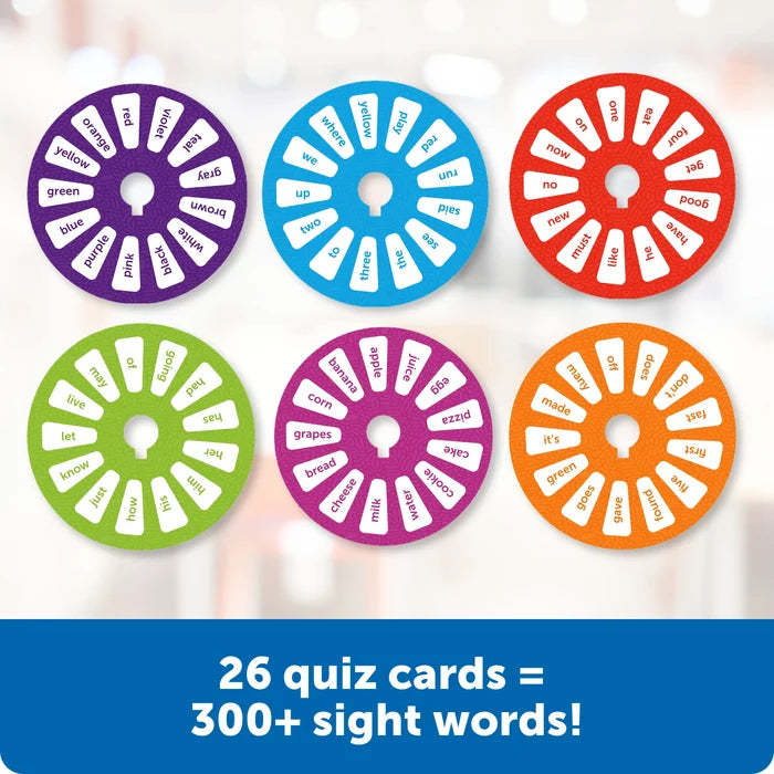 Six colorful circular wheels featuring common sight words printed in white segments around the edges.