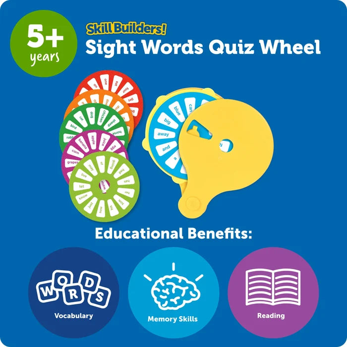 Colorful circular sight word cards and a yellow handheld viewer on a blue background with educational benefit icons.