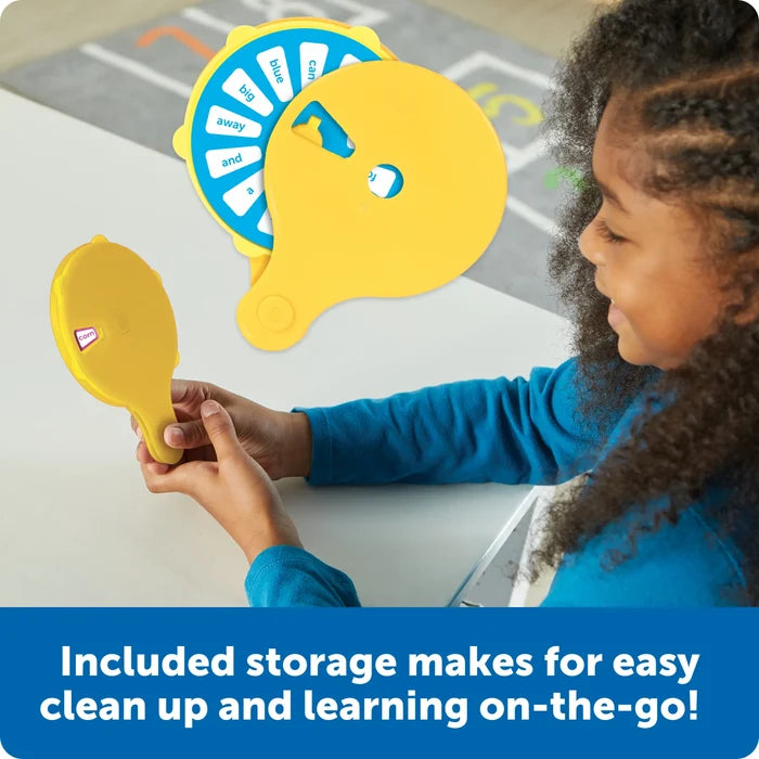 A child holds a yellow hand-held sight words wheel; inset shows a blue internal spinning dial with various words.