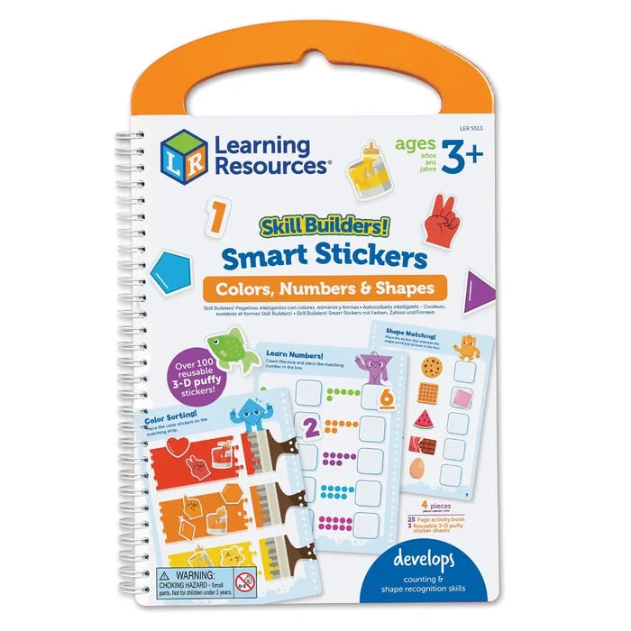 Spiral-bound activity book with an orange handle, featuring colorful 3-D puffy stickers and counting and shape games.