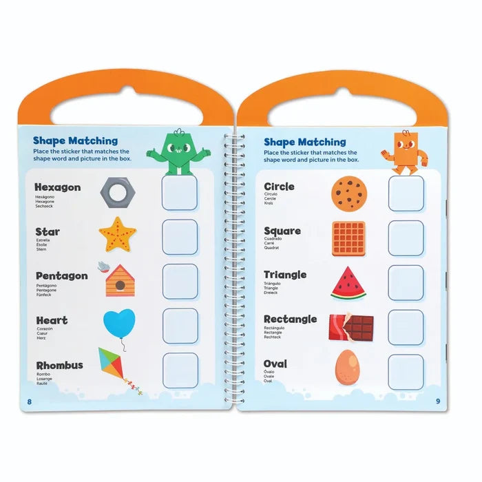 Open spiral-bound activity book with colorful shape matching pages, object illustrations, and empty sticker boxes.