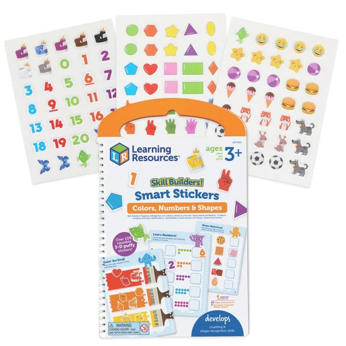 Spiral activity book with handle and three sheets of colorful puffy stickers featuring numbers, shapes, and animals.