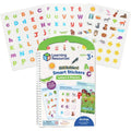 A spiral-bound activity book and three sticker sheets featuring colorful letters and illustrated objects.