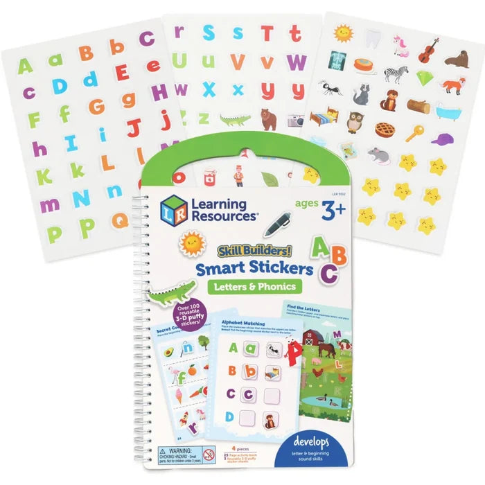 A spiral-bound activity book and three sticker sheets featuring colorful letters and illustrated objects.