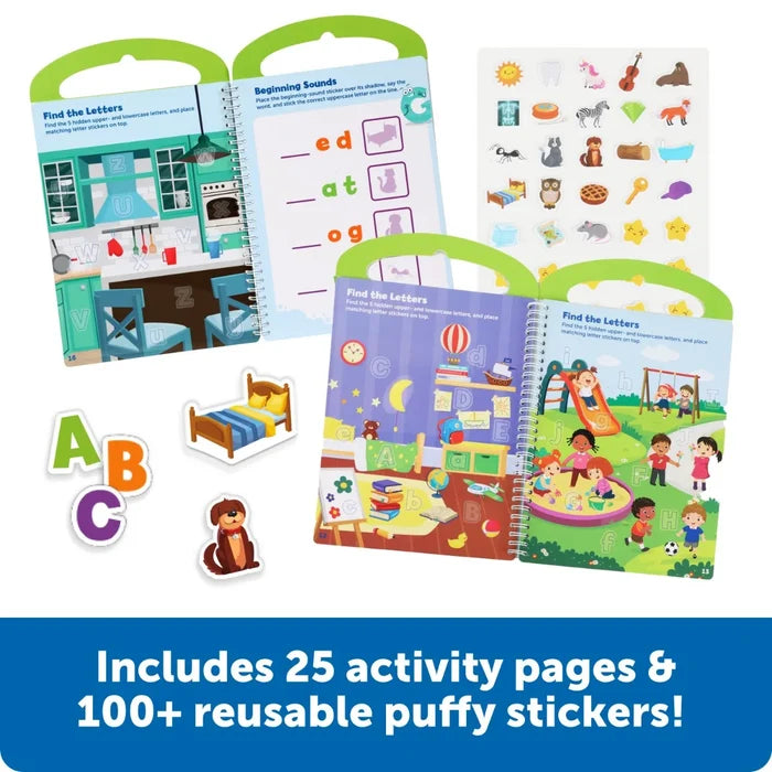 Spiral-bound letter activity book with colorful illustrations and sheets of reusable puffy stickers.