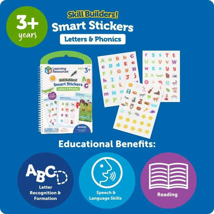 Spiral-bound phonics sticker book with colorful letter and illustration sheets, plus educational benefit icons.
