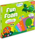 Bright green box for a foam sticker art kit featuring colorful cartoon animals like a chameleon, turtle, and butterfly.