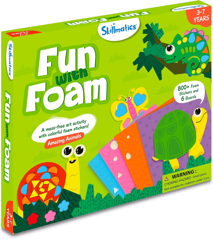 Bright green box for a foam sticker art kit featuring colorful cartoon animals like a chameleon, turtle, and butterfly.