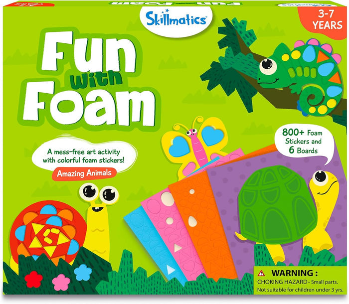 Bright green Skillmatics box featuring cartoon animals decorated with colorful foam stickers and activity boards.