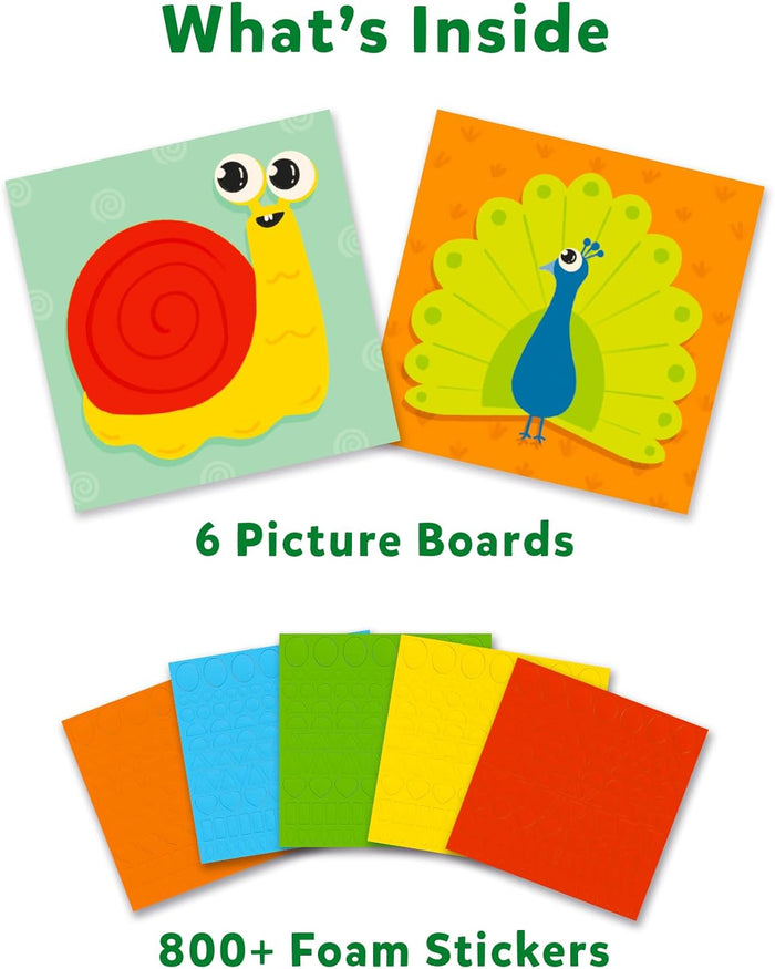Snail and peacock art boards shown with five colorful sheets of over 800 foam craft stickers.