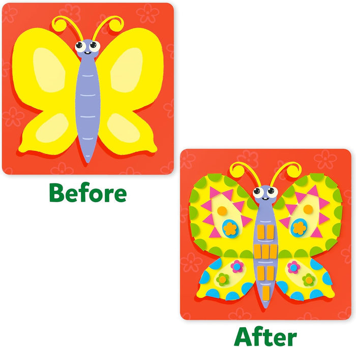 Before and after comparison of a yellow butterfly craft decorated with colorful foam sticker shapes.