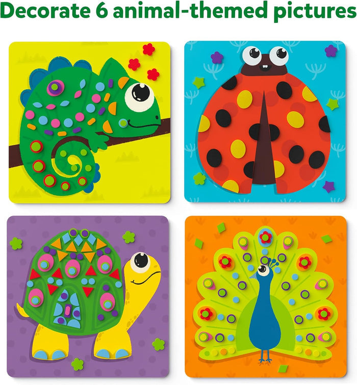 Animal-themed craft cards of a chameleon, ladybug, turtle, and peacock decorated with bright, colorful foam stickers.