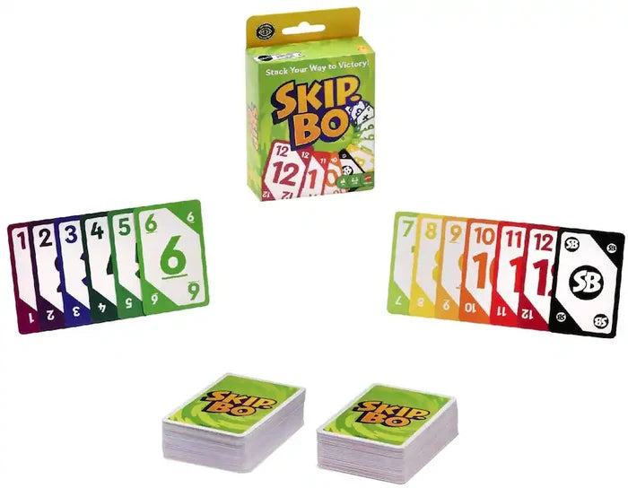 Skip-Bo box with fanned colorful numbered cards and two card decks on a white background.