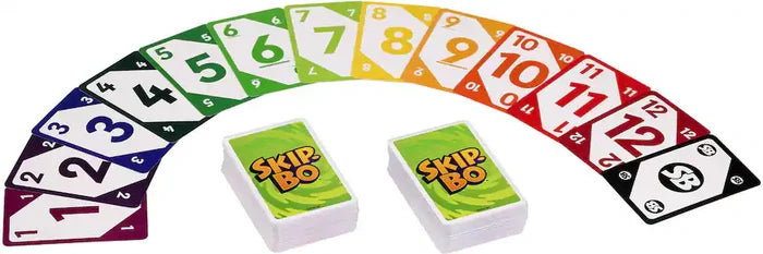 Fan of colorful cards numbered 1 to 12 fanned above two face-down deck piles on a white background.