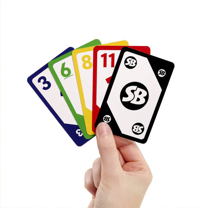 Hand holding five fanned cards from Skip-Bo including blue 3, green 6, yellow 8, red 11 and a wild SB card.