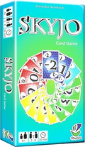 Turquoise Skyjo card game box featuring a fan of colorful numbered cards and icons for age and player count.