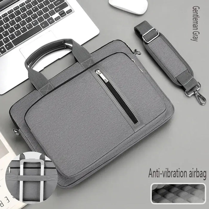 Gentleman gray sleeve laptop case for macbook case with anti-vibration airbag and zipper closure, includes adjustable strap.