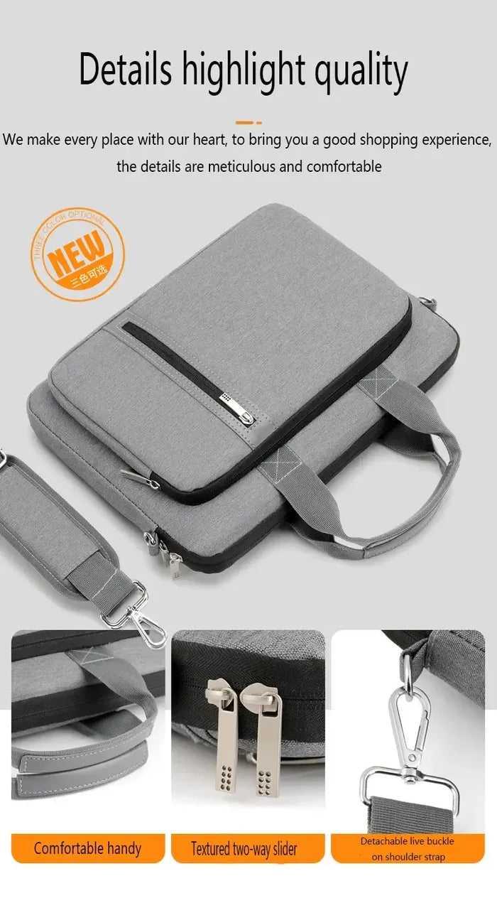 Gray Sleeve Laptop Case For macbook case with zipper closure and adjustable strap, featuring two-way slider and quality detailing.