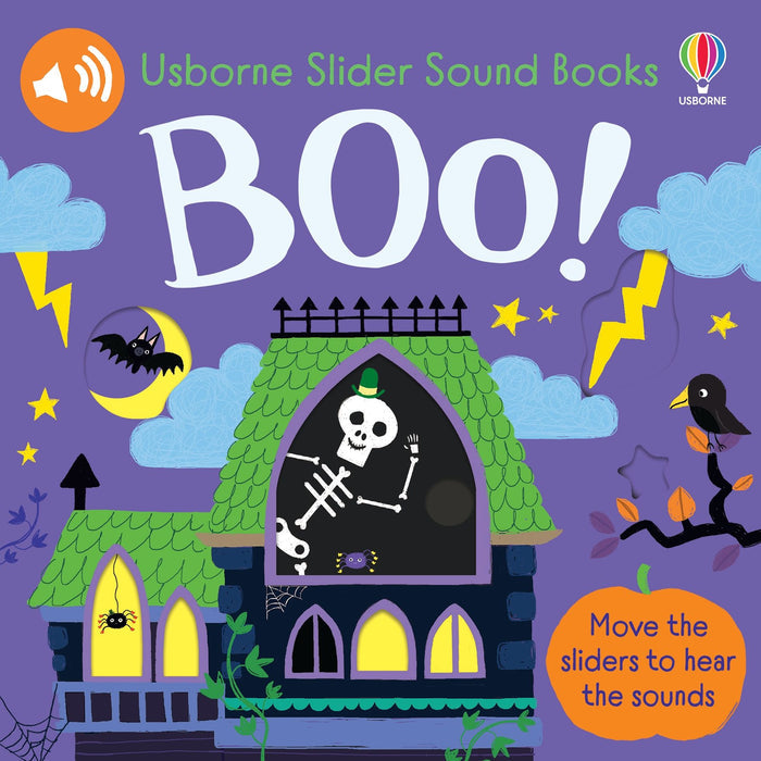 Purple book cover with a haunted house, a skeleton in the window, bats, and a pumpkin under the large white word BOO!