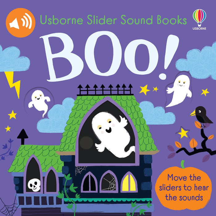 Purple cover of Boo! sound book featuring friendly ghosts, a haunted house, stars, and a pumpkin slider prompt.