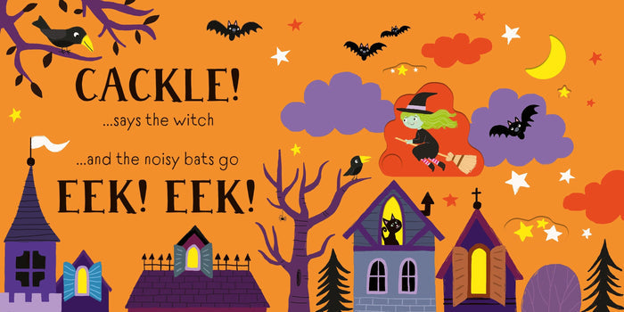 Halloween book page with an orange background, flying witch, bats, and spooky houses with bold sound effect text.